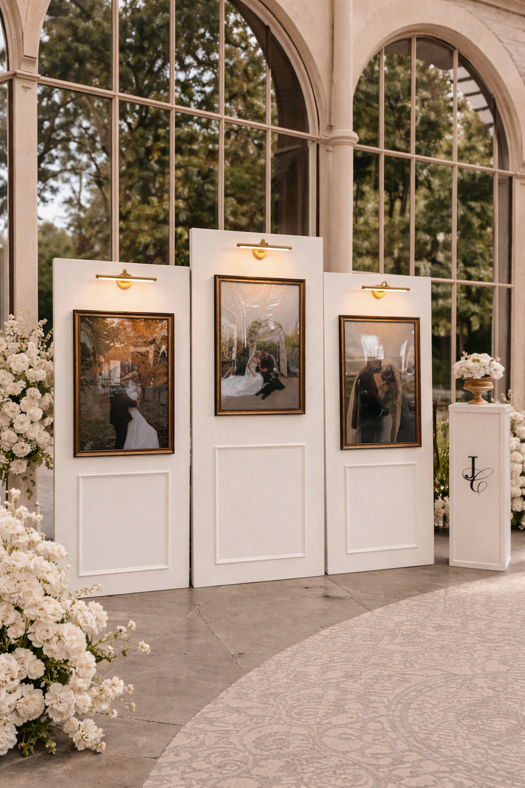 Elegant wedding photo display in conservatory.png