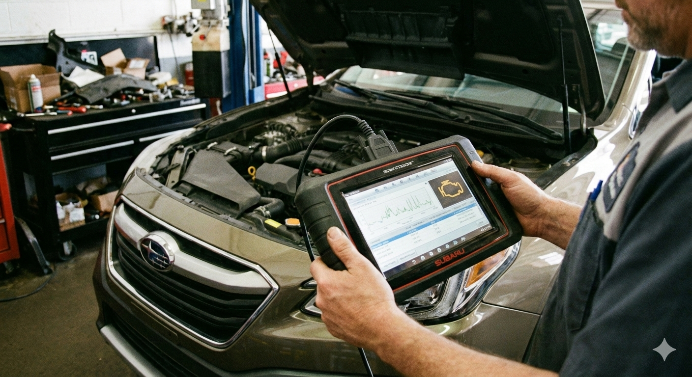 A mechanic in a workshop tests a car's engine with a diagnostic scanner, a Subaru with its hood open.