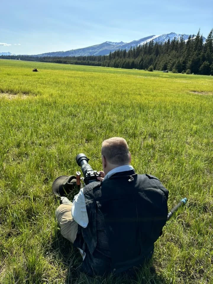 A man in outdoor gear with a rifle and scope, sitting on grass in a green field, aiming his weapon towards distant mountains with snow-capped peaks under a blue sky.