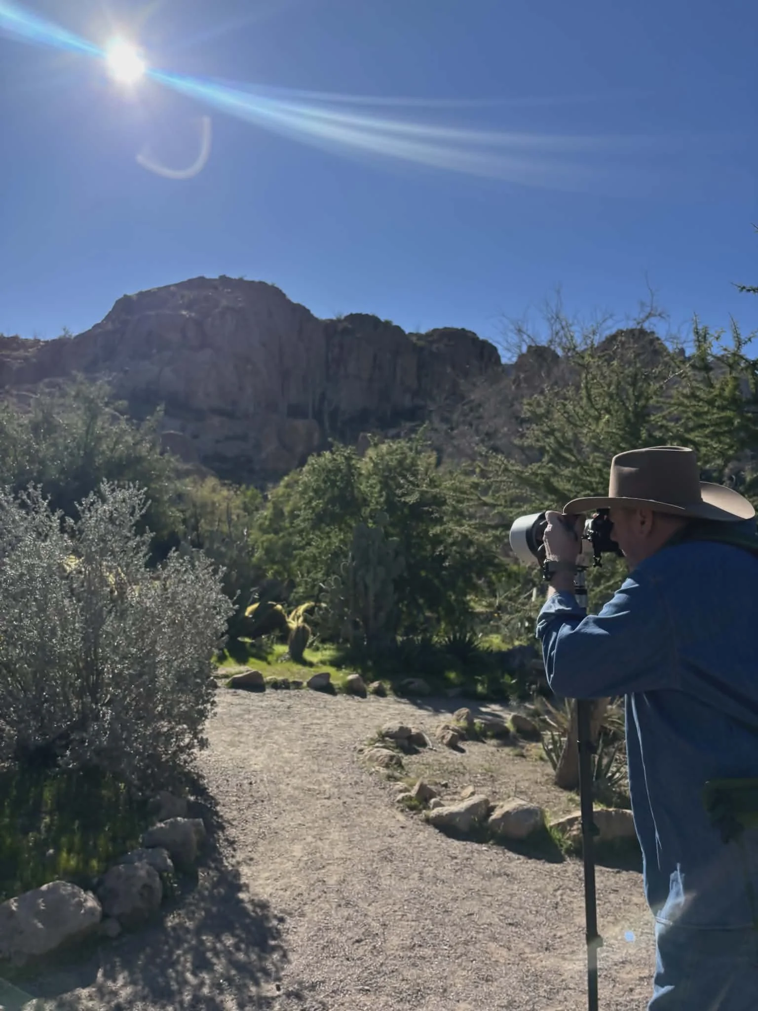 A man with a wide-brimmed hat and blue shirt is taking a photograph with a camera on a tripod in a desert landscape. There are bushes and rocks along a dirt path, with large mountains in the background under a bright blue sky and the sun.
