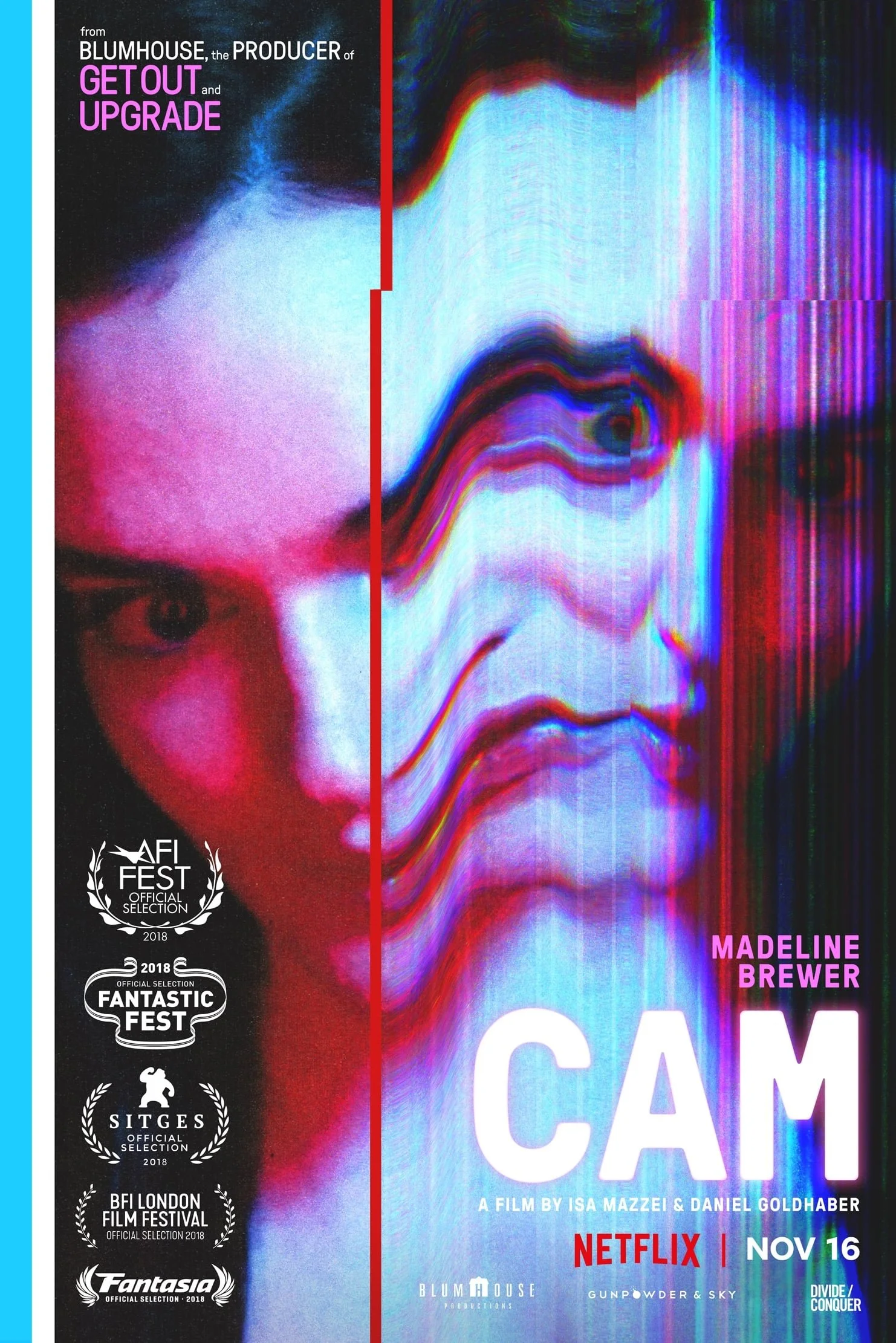 A poster for the film Cam, written and directed by Isa Mazzei and available on Netflix. Shows a warped version of the lead character's face