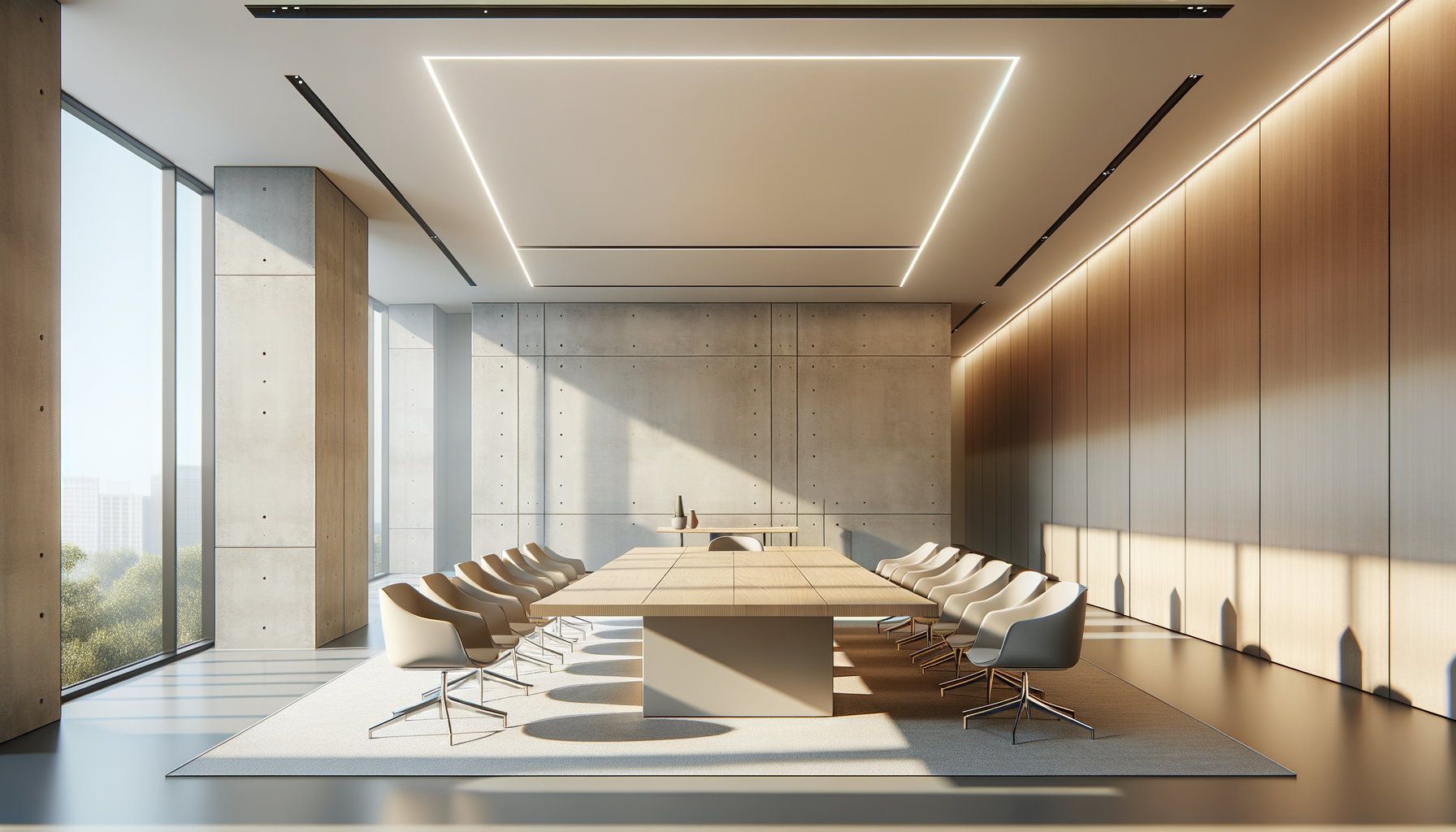 Modern conference room with a large wooden table, white chairs around it, concrete walls, a large window with view of city, minimal lighting, and decorative vases on a side table.