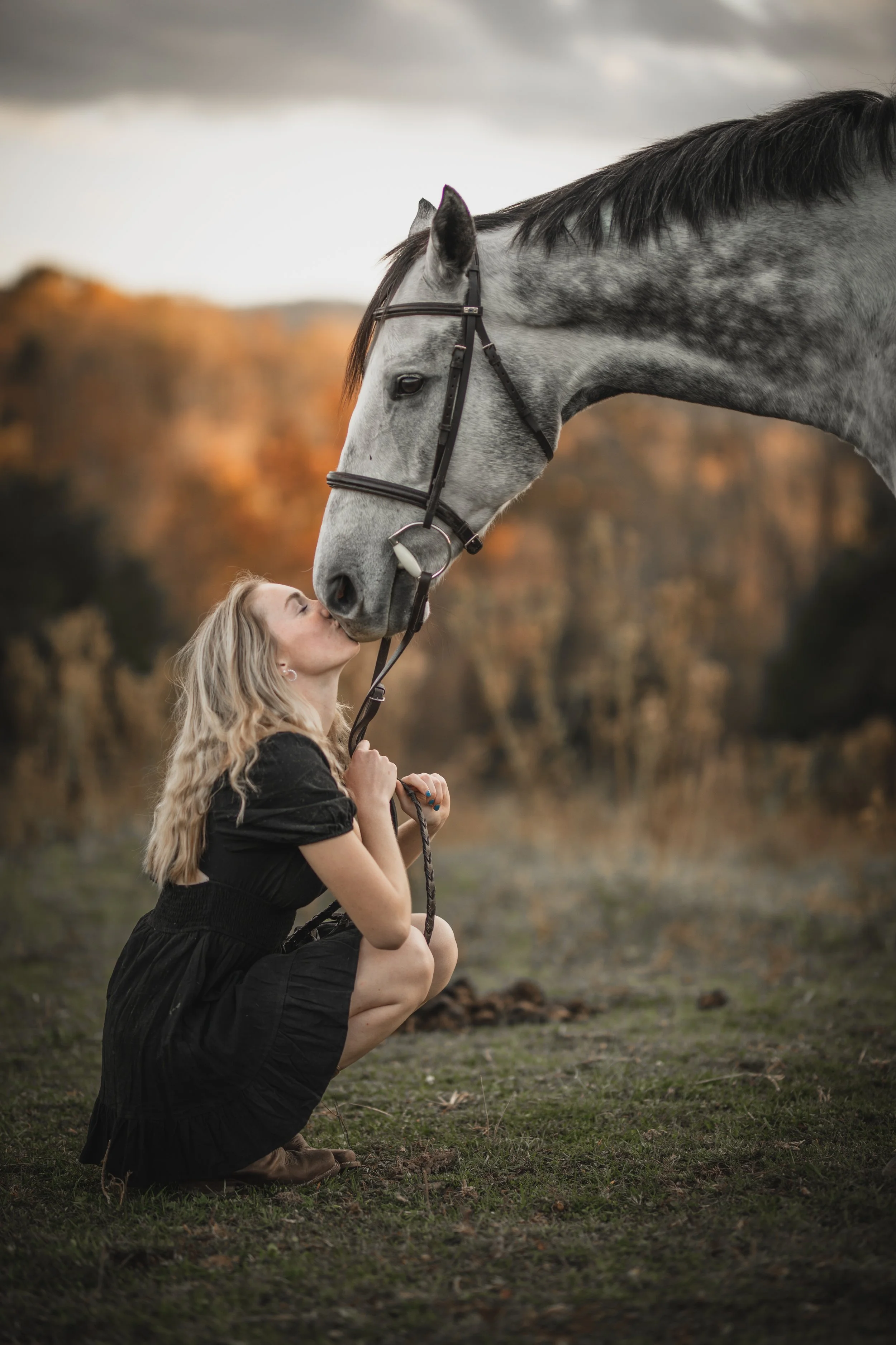 A girl crouching on the grass, kissing a gray horse with black spots on its neck, in an outdoor setting with autumn trees in the background.