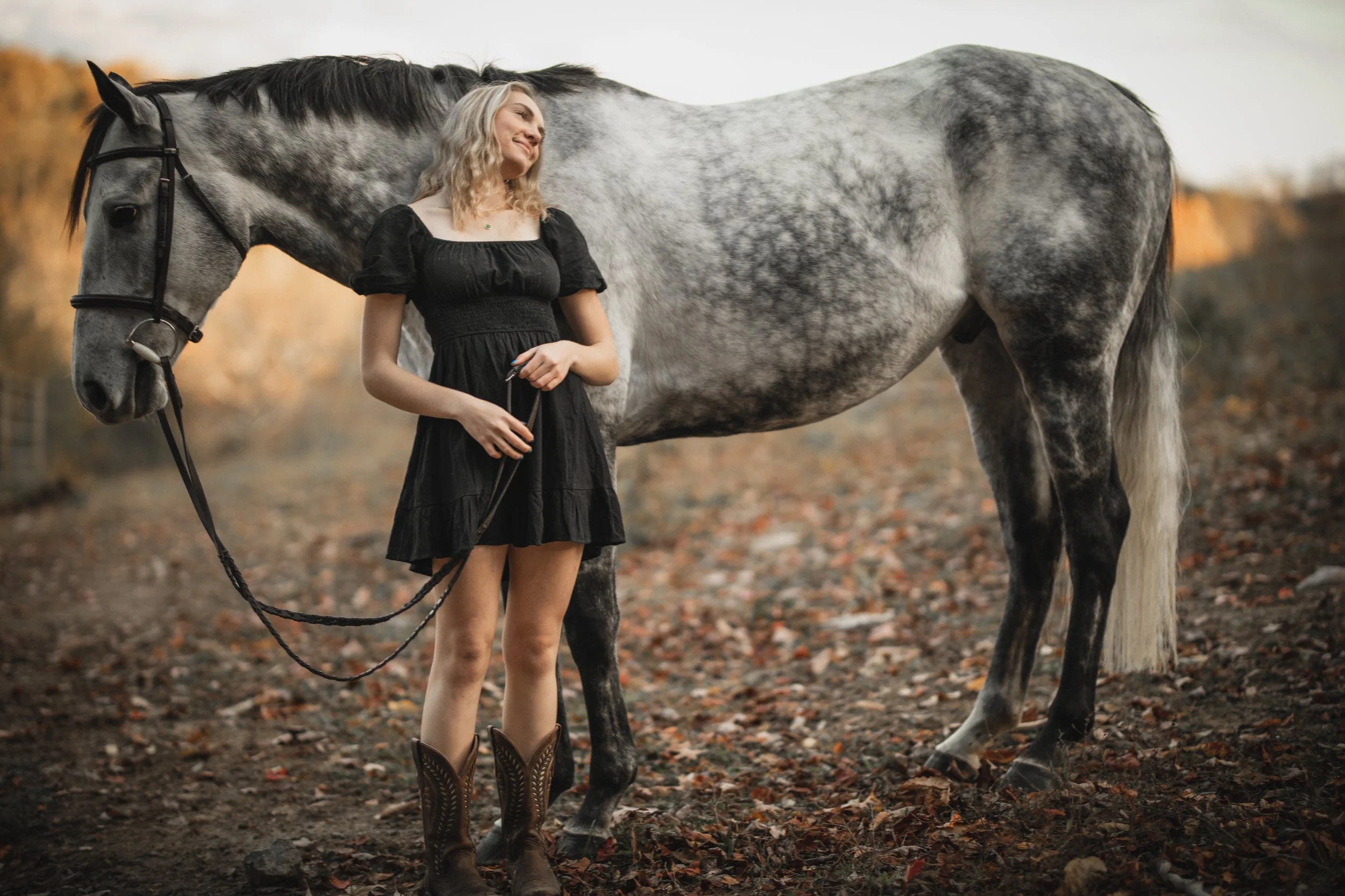 A woman in a black dress and cowboy boots standing next to a gray and white spotted horse in an outdoor setting with autumn leaves.