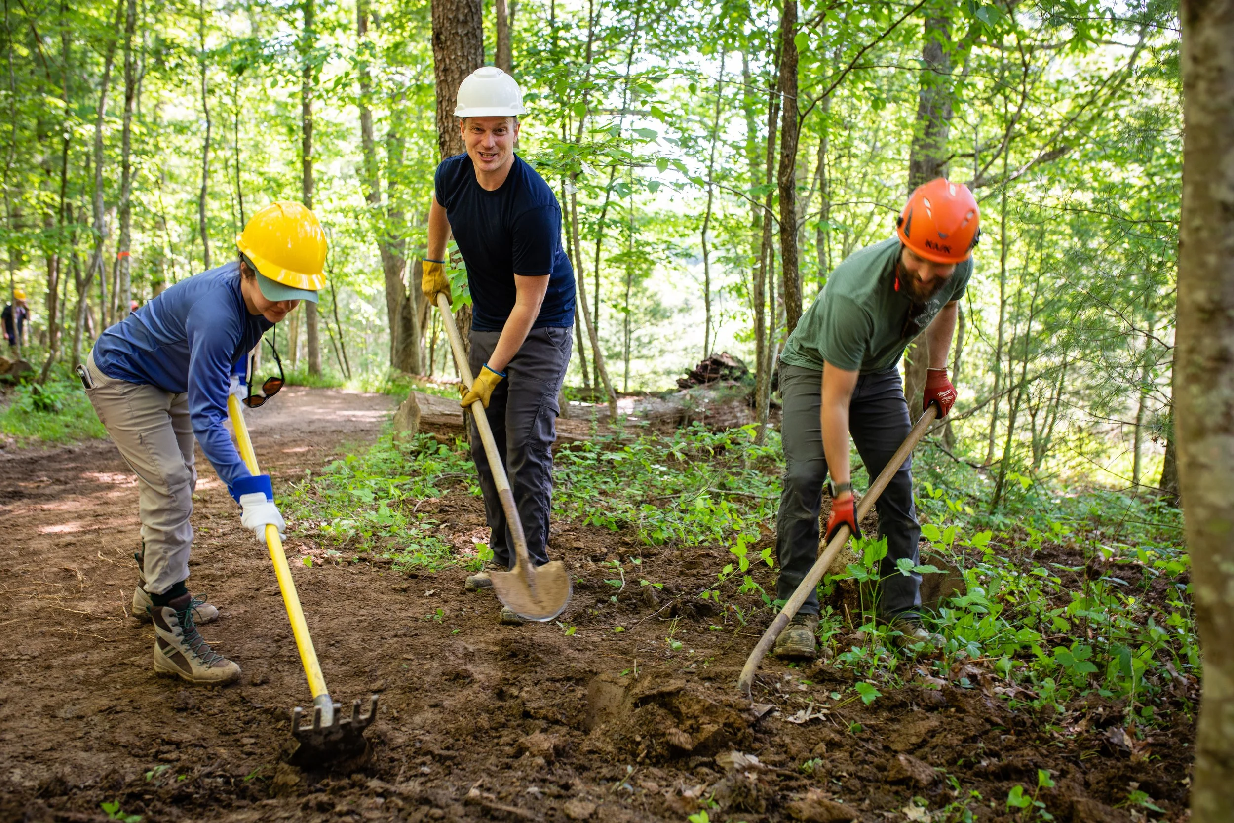 Three people working outdoors in a forest clearing, planting or digging in the soil, wearing helmets and gloves.