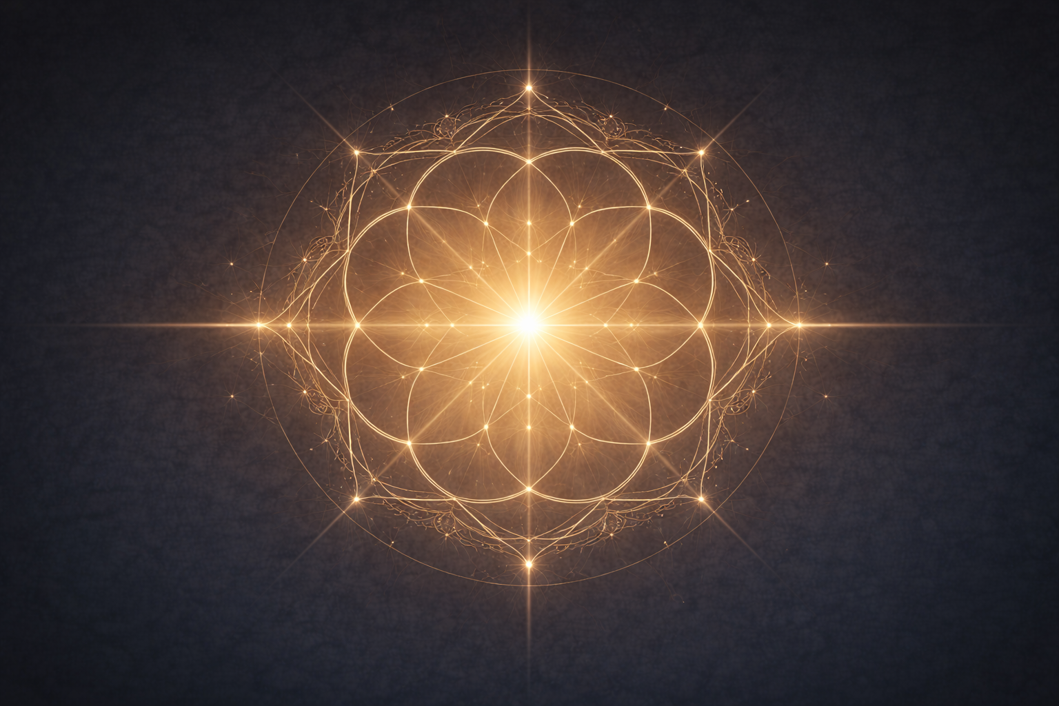A glowing, intricate geometric design with interconnected circles and lines, radiating bright light at the center against a dark background.