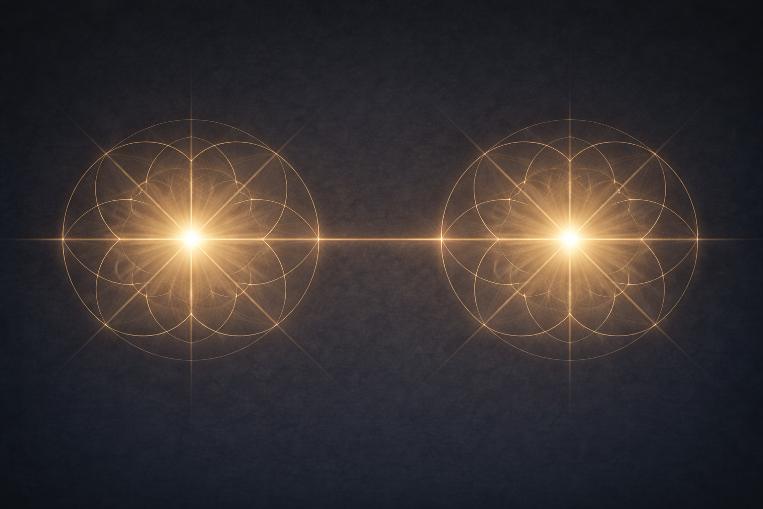Two symmetrical glowing geometric shapes on a dark background, composed of interconnected circles and lines, with radiant points at the center of each shape.