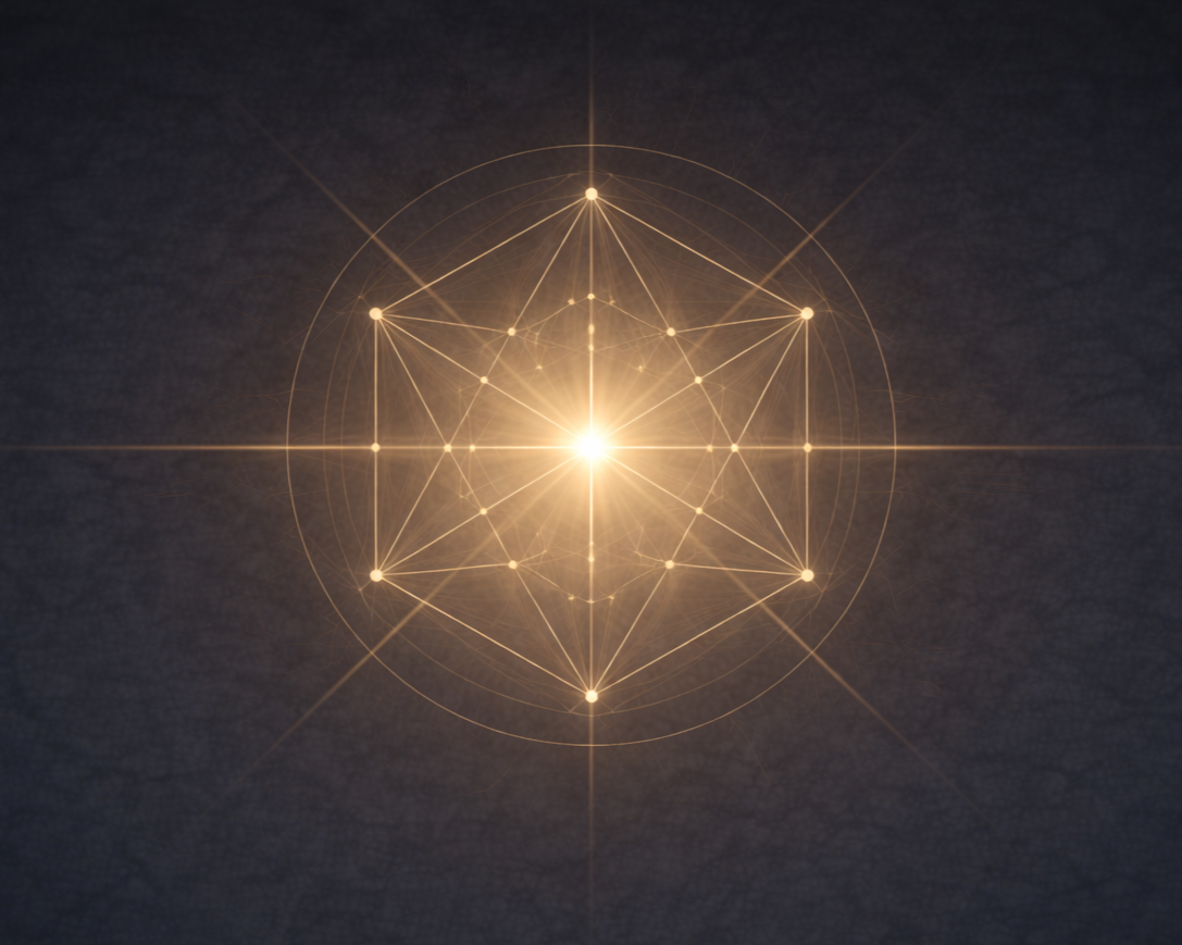 A glowing geometric pattern of interconnected lines and points radiates with a bright central light against a dark background.
