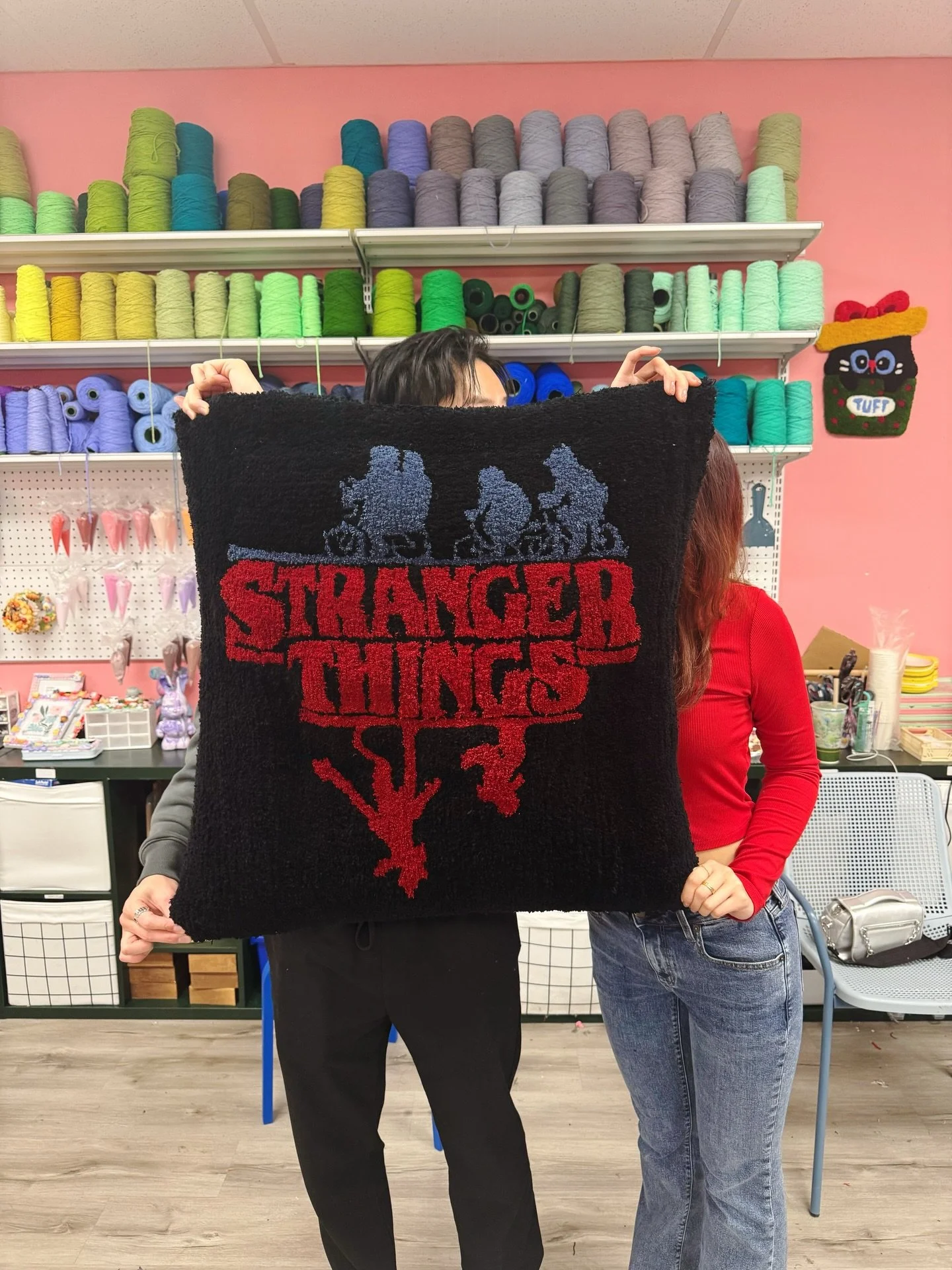 Love the vibes here 🖤✨🎨 There&rsquo;s always something new and creative happening at the studio 💭🧶
We had our first Stranger Things rug made by a guest 👾🕷️🔥 and we&rsquo;re OBSESSED 😍
Different designs every single day = never a dull moment ✨