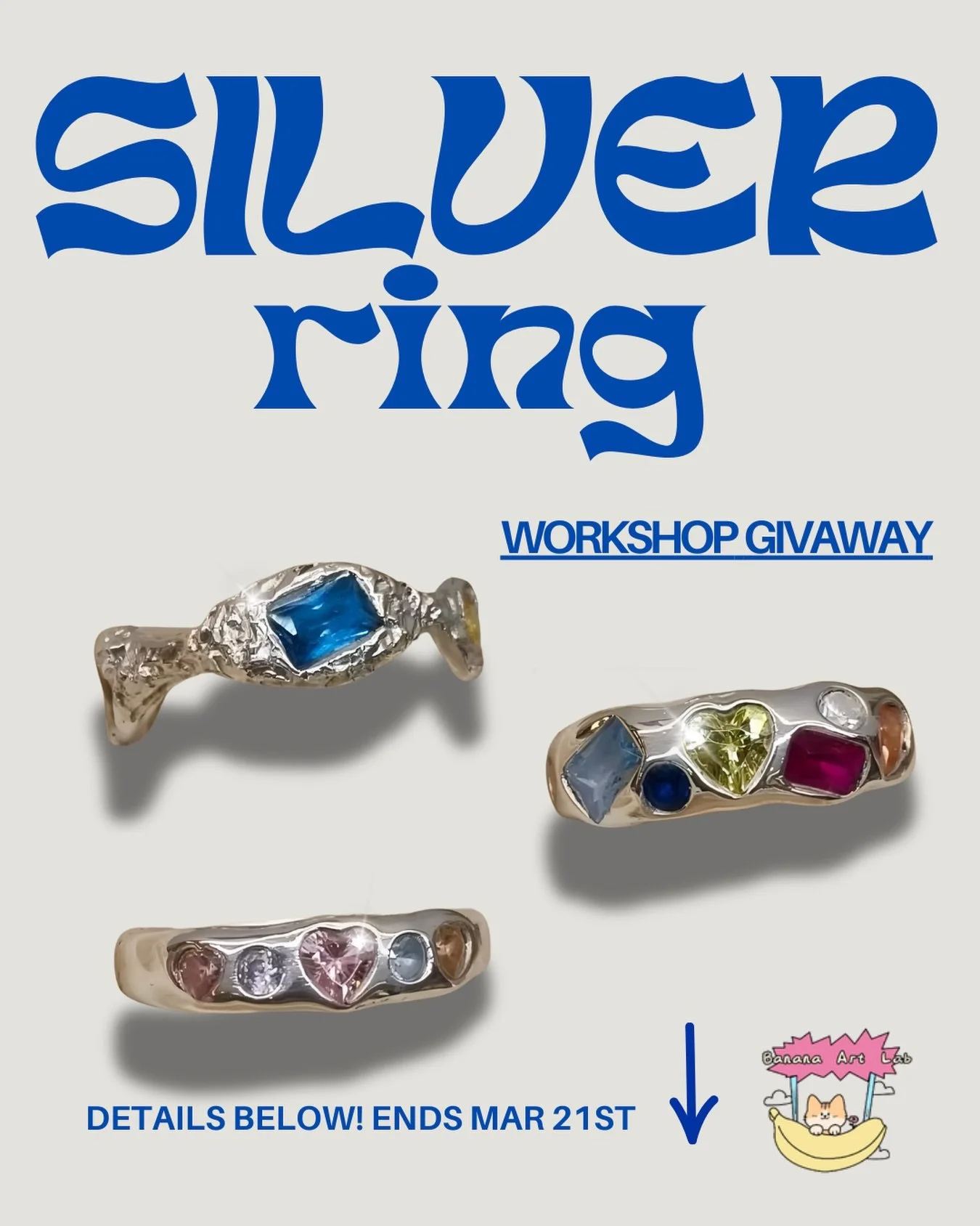 ✨ GIVEAWAY TIME! ✨

We&rsquo;re giving ONE lucky winner a Silver Ring Making Session with UNLIMITED GEMS 💍💎 Create your own pure silver ring and decorate it with as many gems as you want!

How to enter:
1️⃣ Follow @bananaartlab 
2️⃣ Like this post
