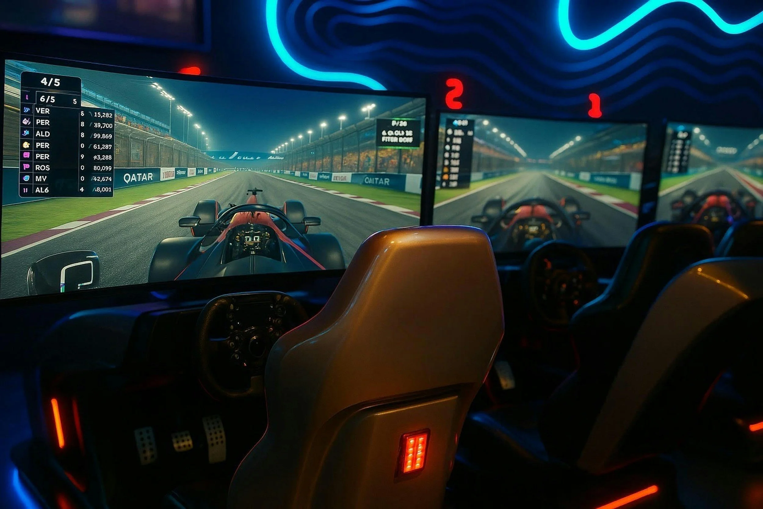 Inside a racing simulator with two screens showing a race track, illuminated by colorful neon lights on the ceiling.
