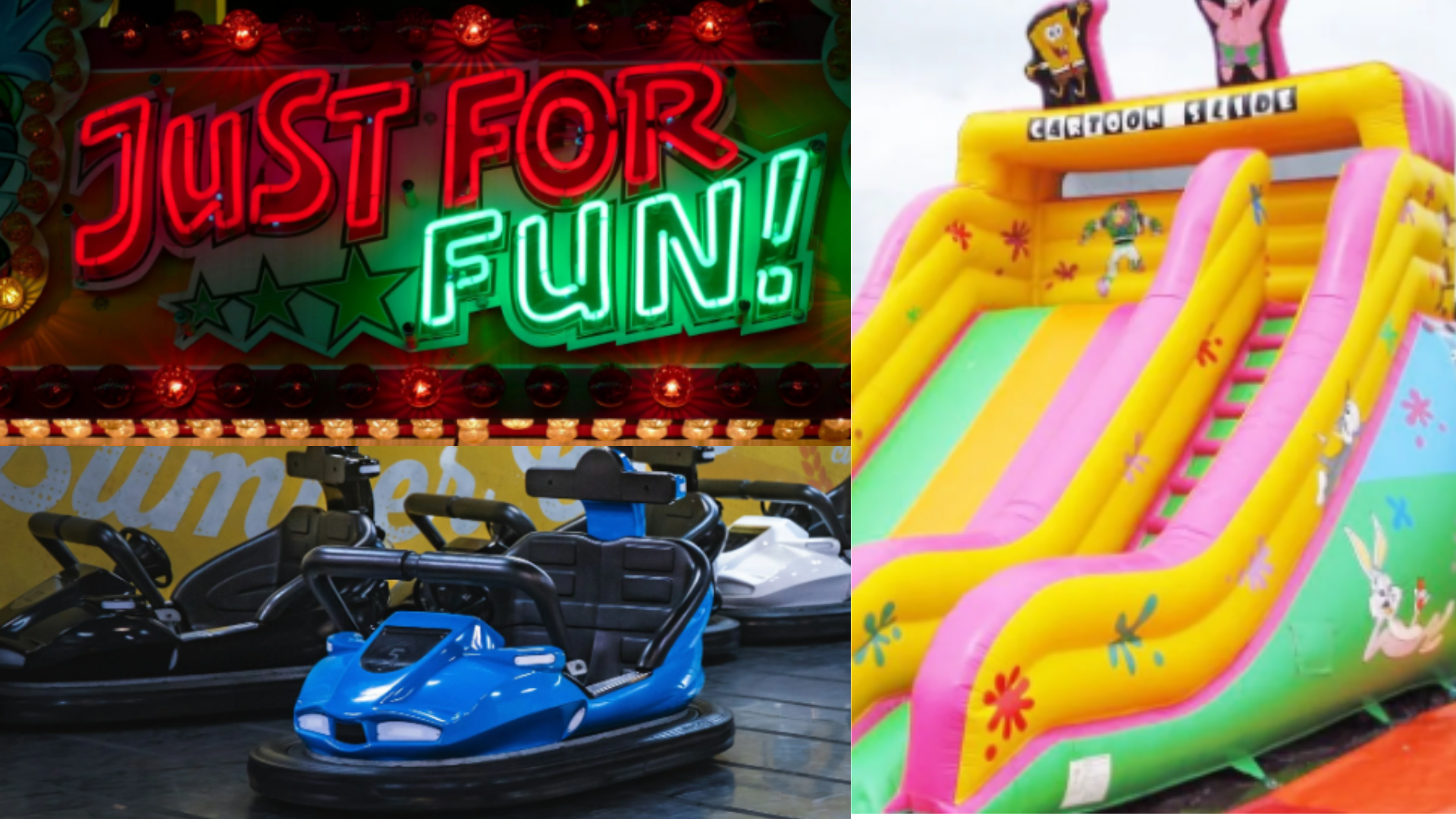Top left: Neon sign that reads "JUST FOR FUN!"; Top right: Inflatable slide with cartoon characters SpongeBob SquarePants and Patrick; Bottom: Bumper cars at an amusement park.