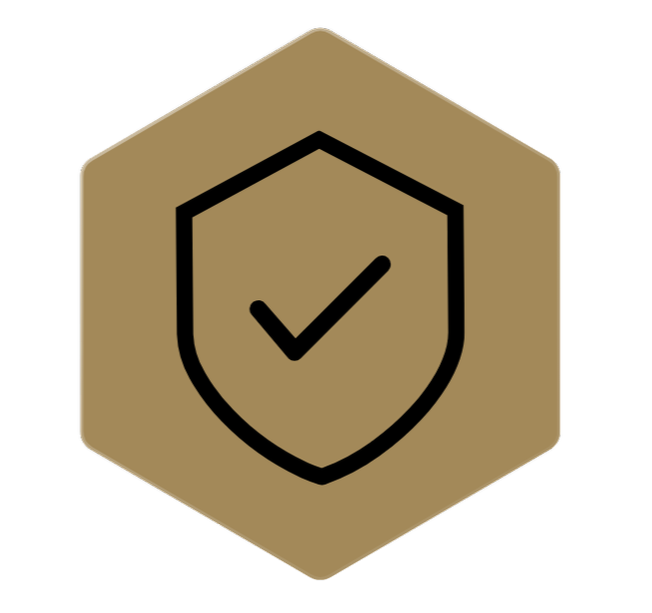 A hexagonal badge with a shield and checkmark symbol in the center, in black on a gold background.