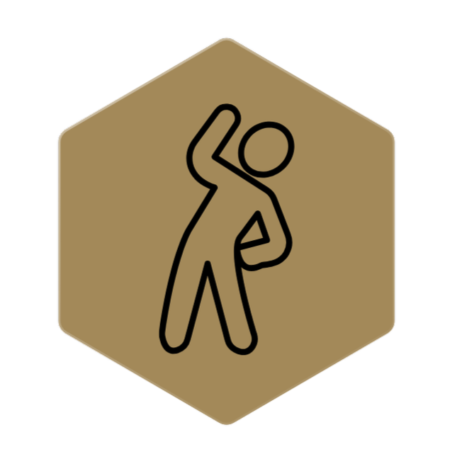 Icon of a person stretching, on a brown hexagonal background.