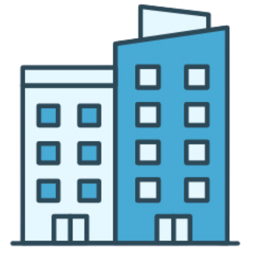 Illustration of two tall buildings, one blue and one white, with multiple windows.