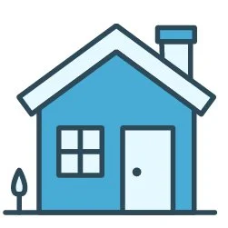 A simple blue house with a chimney, a window, a door, and a small tree outside.
