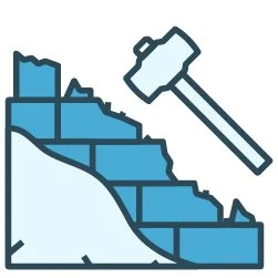 An illustration of a blue brick wall crumbling with a hammer positioned above it.