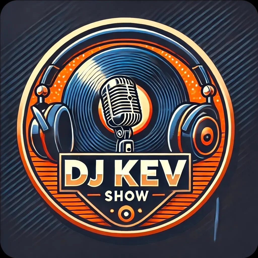 A logo for DJ Kev Show featuring a vintage microphone and headphones with a circular background, using orange, black, and white colors.