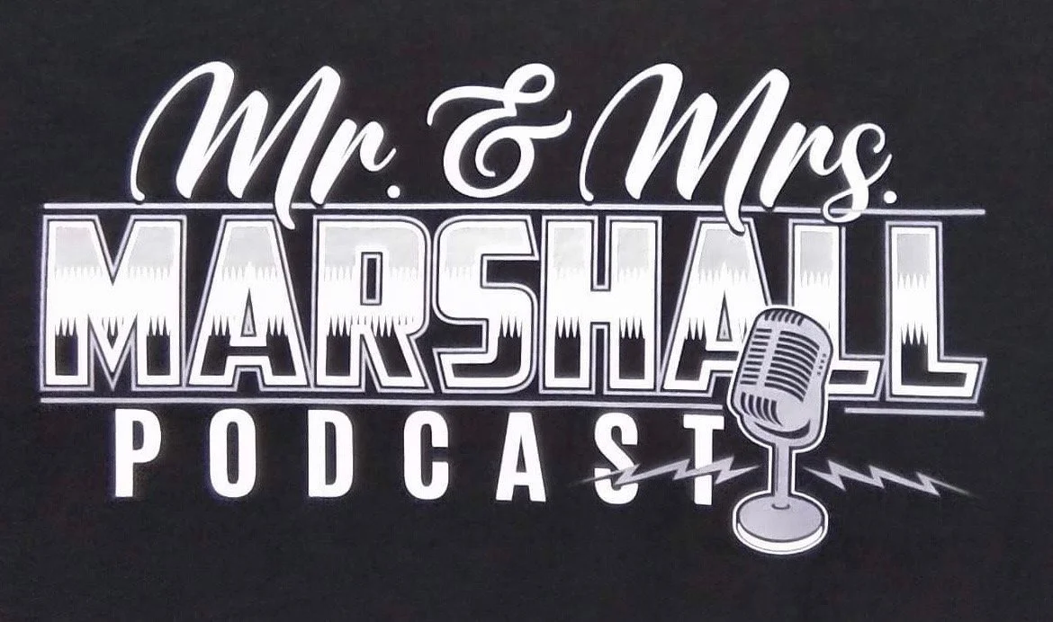 Logo for Mr. & Mrs. Marshall Podcast, featuring stylized text and a vintage microphone with lightning bolts.