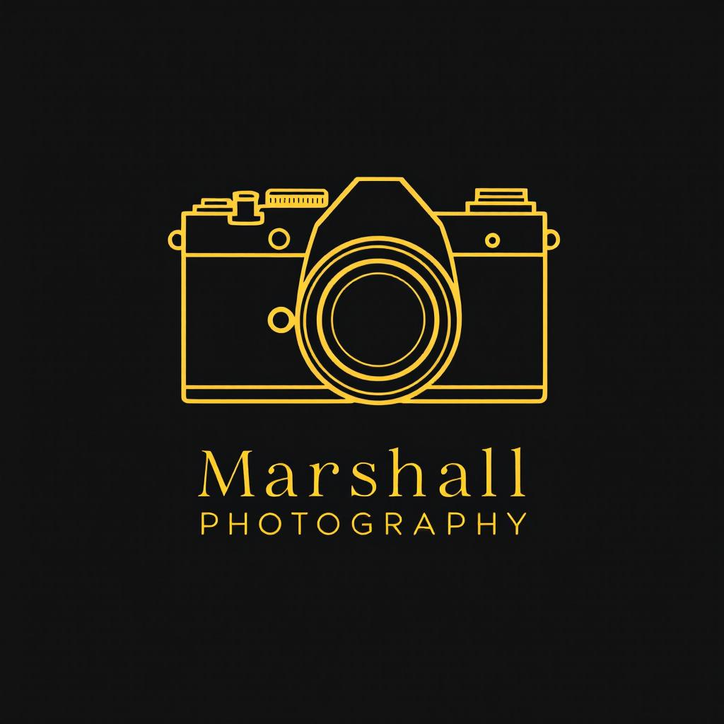 Logo for Marshall Photography featuring a minimalist yellow outline of a vintage camera on a black background with the text 'Marshall Photography' beneath it.