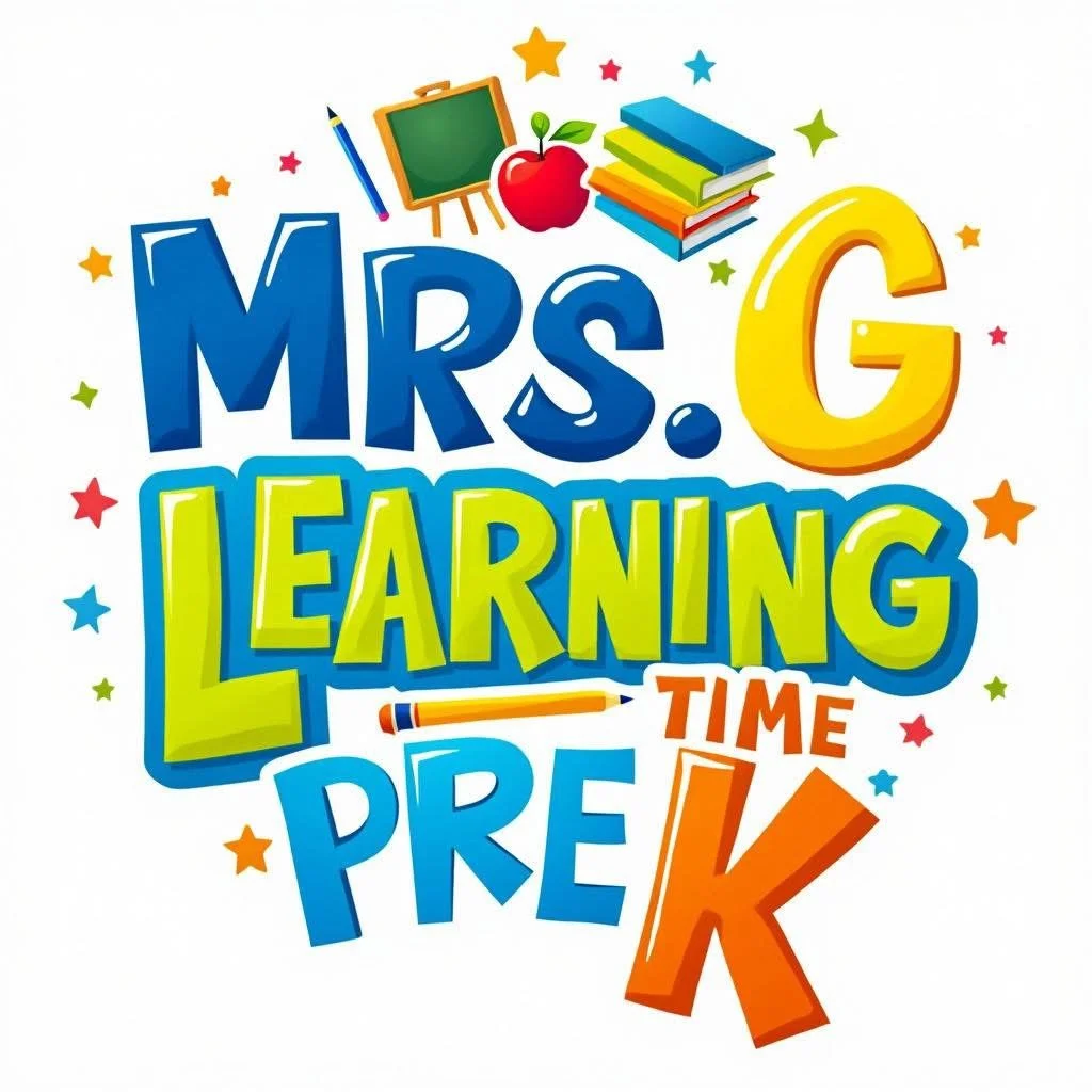 Colorful graphic with text 'Mrs. G Learning Time Pre-K' and illustrations of a chalkboard, apple, books, and stars.
