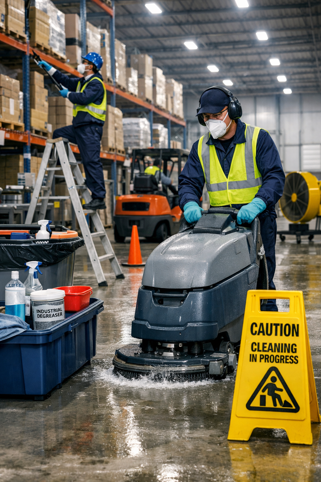 Workers cleaning the warehouse floor with floor scrubber, wearing protective gear and masks, with shelves stocked with boxes in the background.