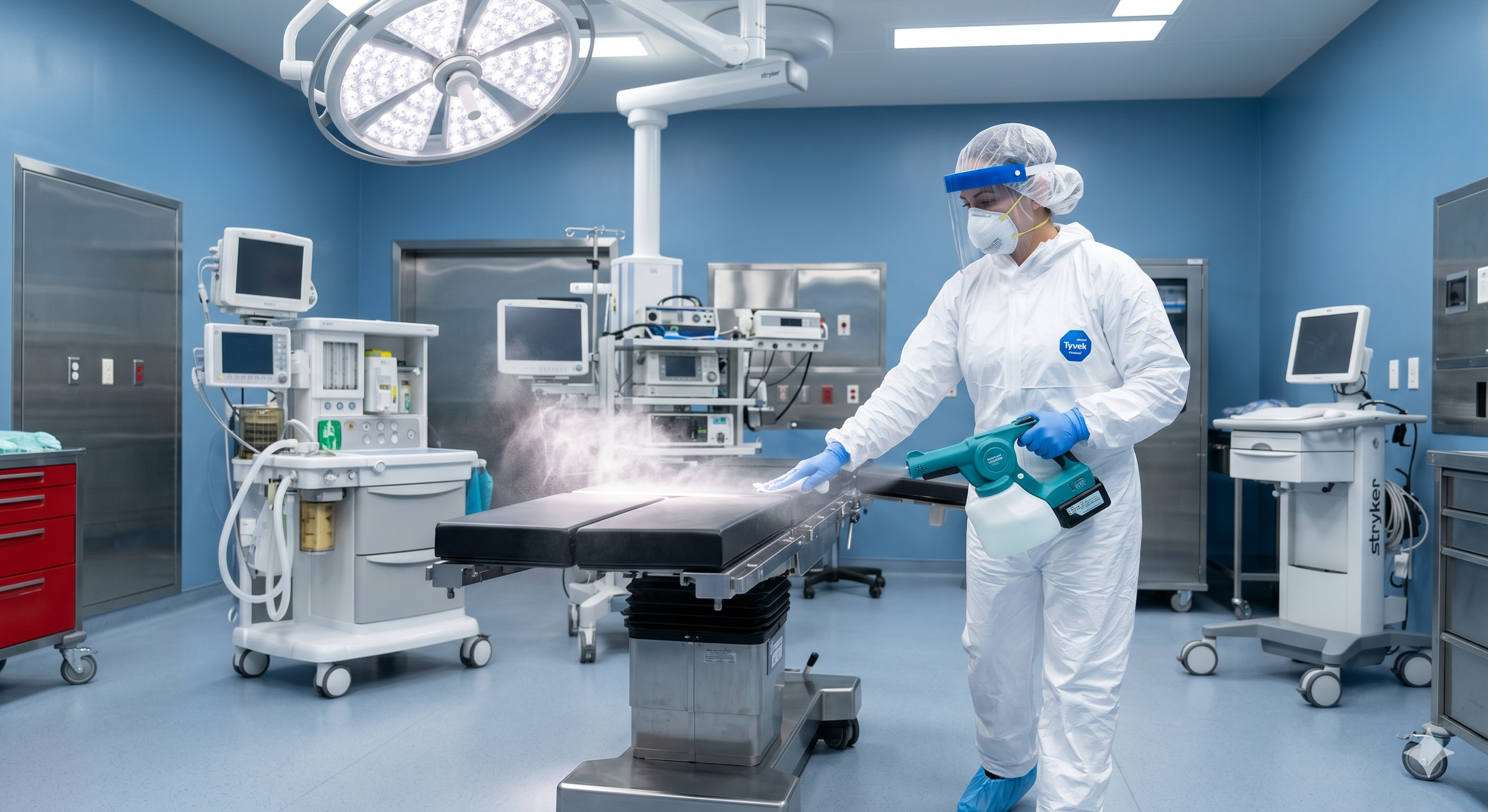 A healthcare professional in protective gear disinfects an operating table in a modern hospital operating room.
