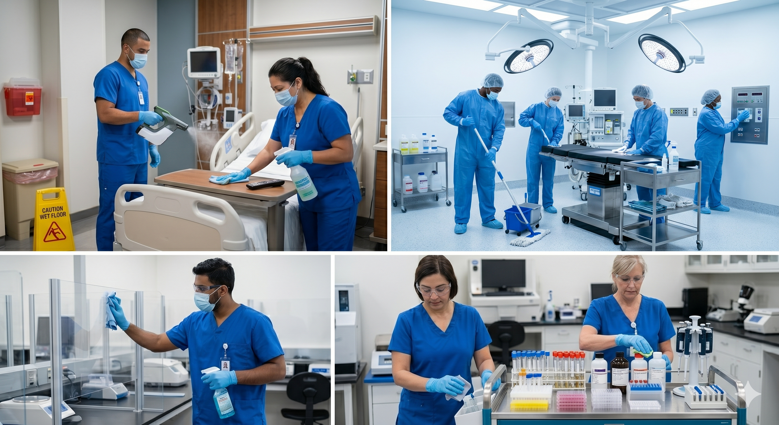 collage of healthcare professionals in hospital and laboratory settings, performing various medical and laboratory tasks, all wearing masks and scrubs.
