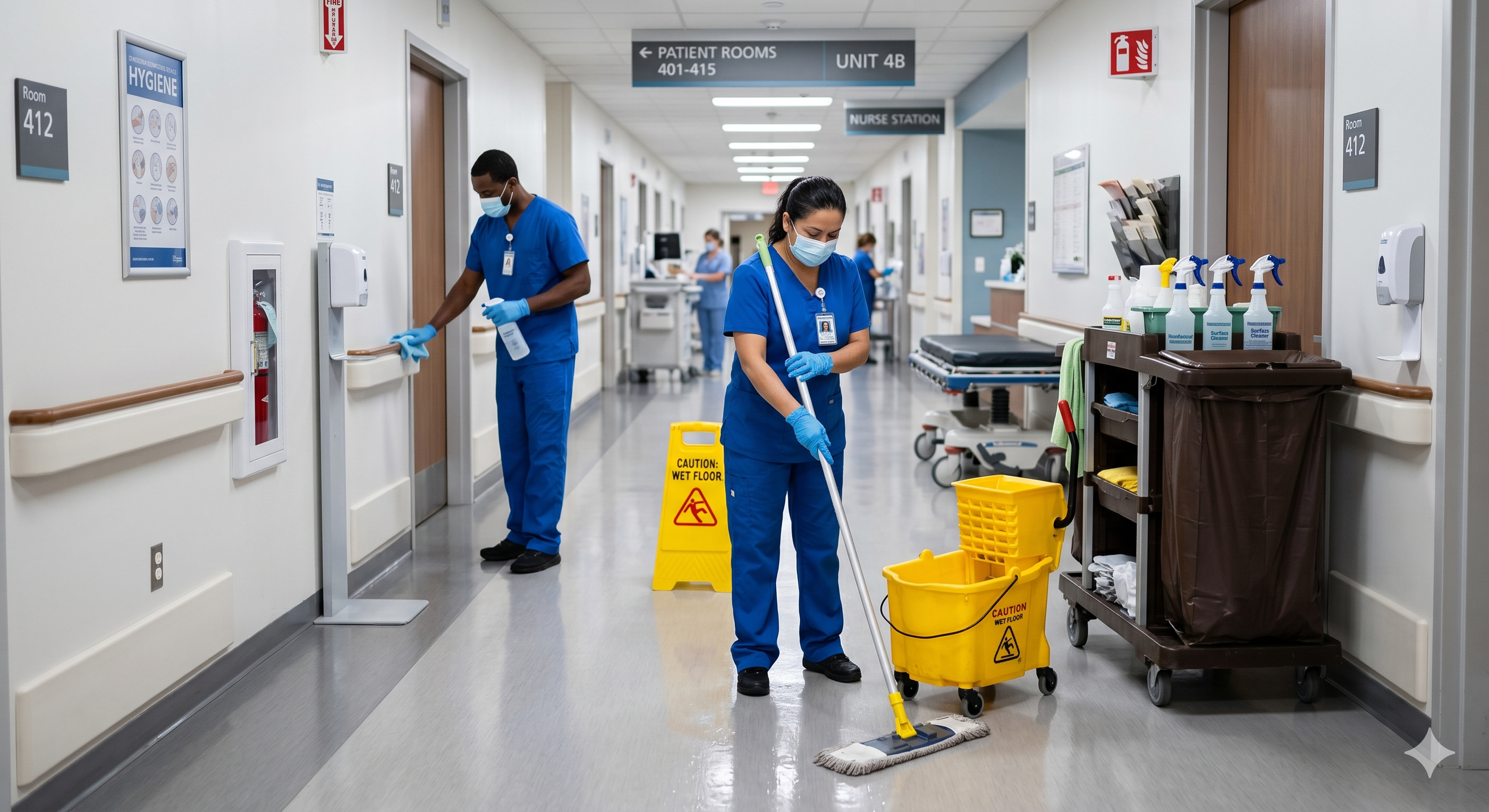 Hospital corridor with cleaning staff wearing blue uniforms and masks, mopping the floor, and surrounded by medical signage and equipment.