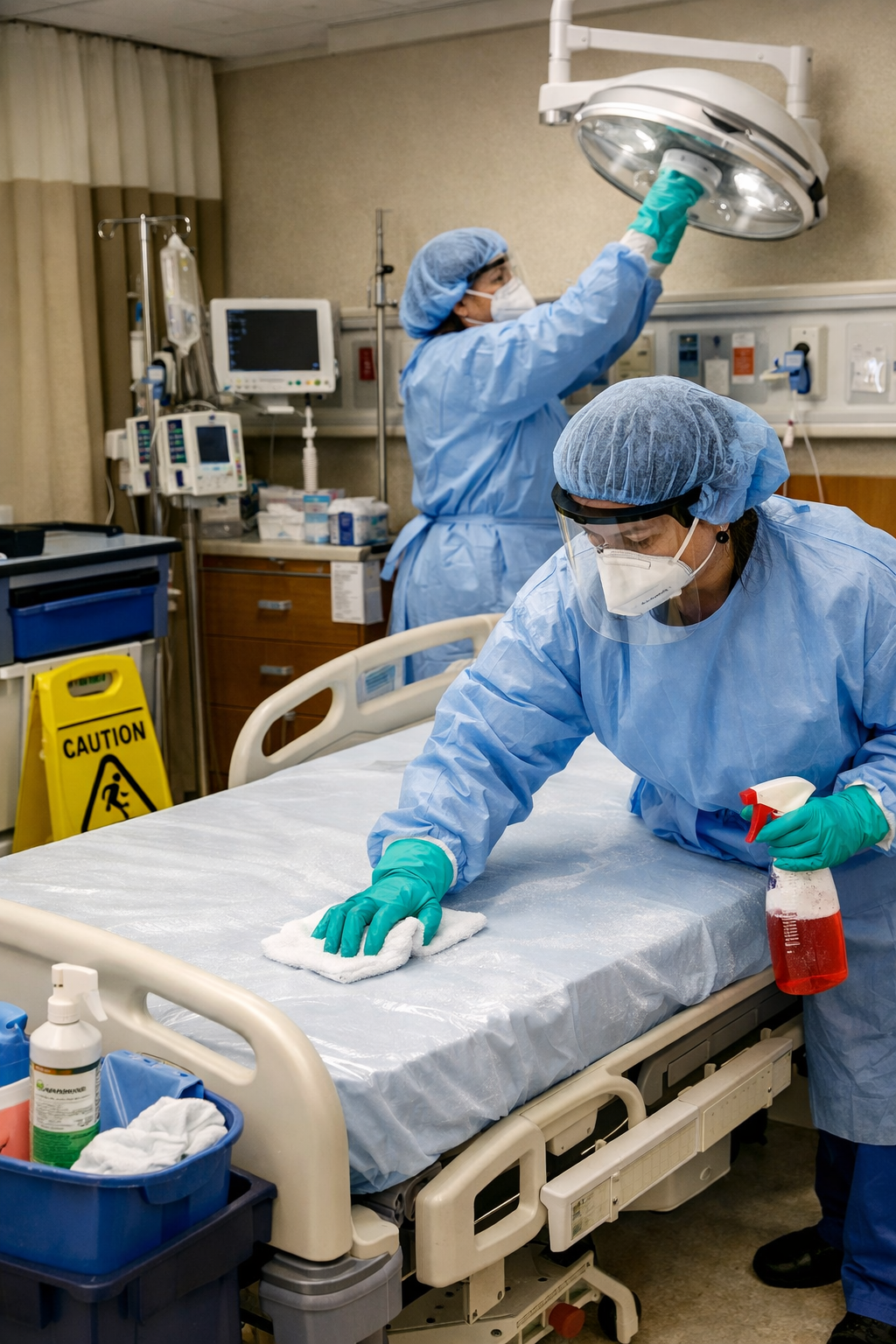 Two healthcare workers in full protective gear cleaning a hospital bed in a medical room.