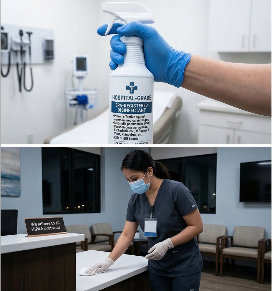 Top image shows a hand in a blue glove holding a spray bottle labeled 'Hospital-Grade EPA-Registered Disinfectant' in a medical setting with medical equipment in the background. Bottom image shows a female healthcare worker wearing a face mask and gloves, preparing the reception area of a healthcare facility while adhering to HIPAA protocols.