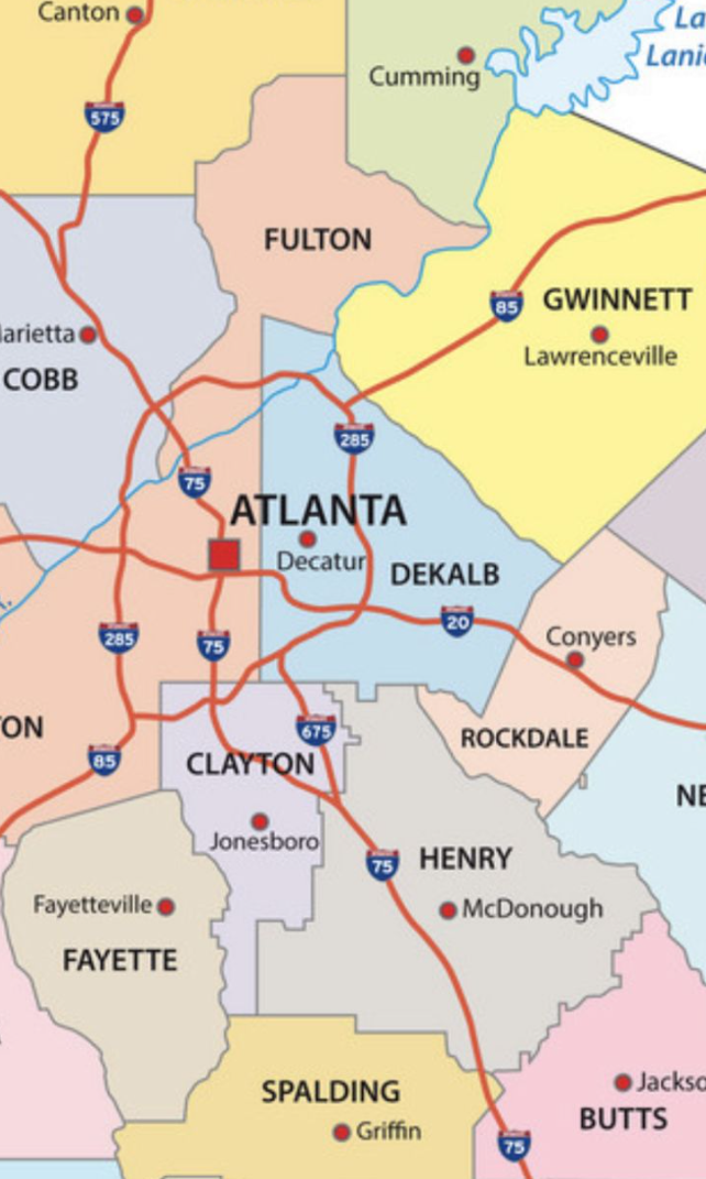 Map of Atlanta, Georgia, showing surrounding counties, cities, major highways, and landmarks.
