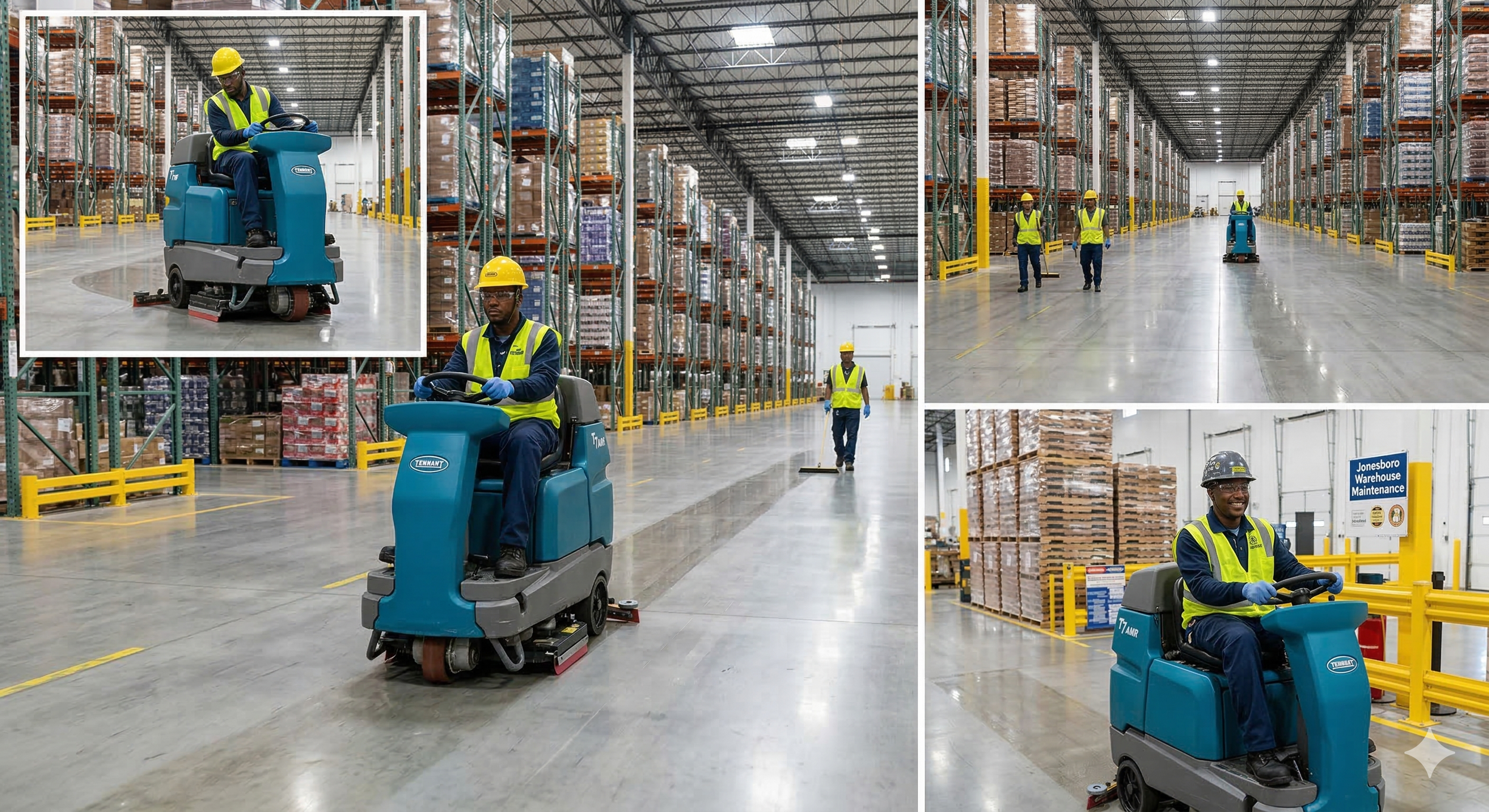Multiple workers operating walk-behind floor scrubbers in a large warehouse with high ceilings, shelves stocked with boxes, and a smooth concrete floor.