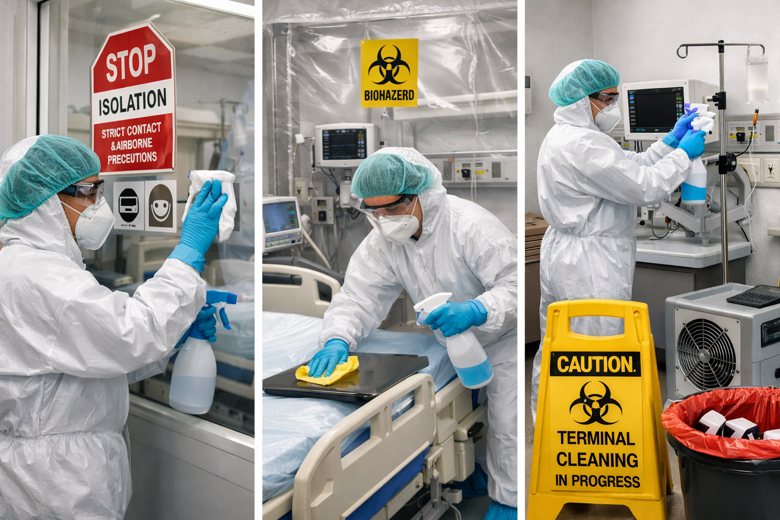 Medical personnel in full protective gear cleaning and disinfecting surfaces in a hospital setting, with signs indicating biohazard, isolation, and terminal cleaning in progress.