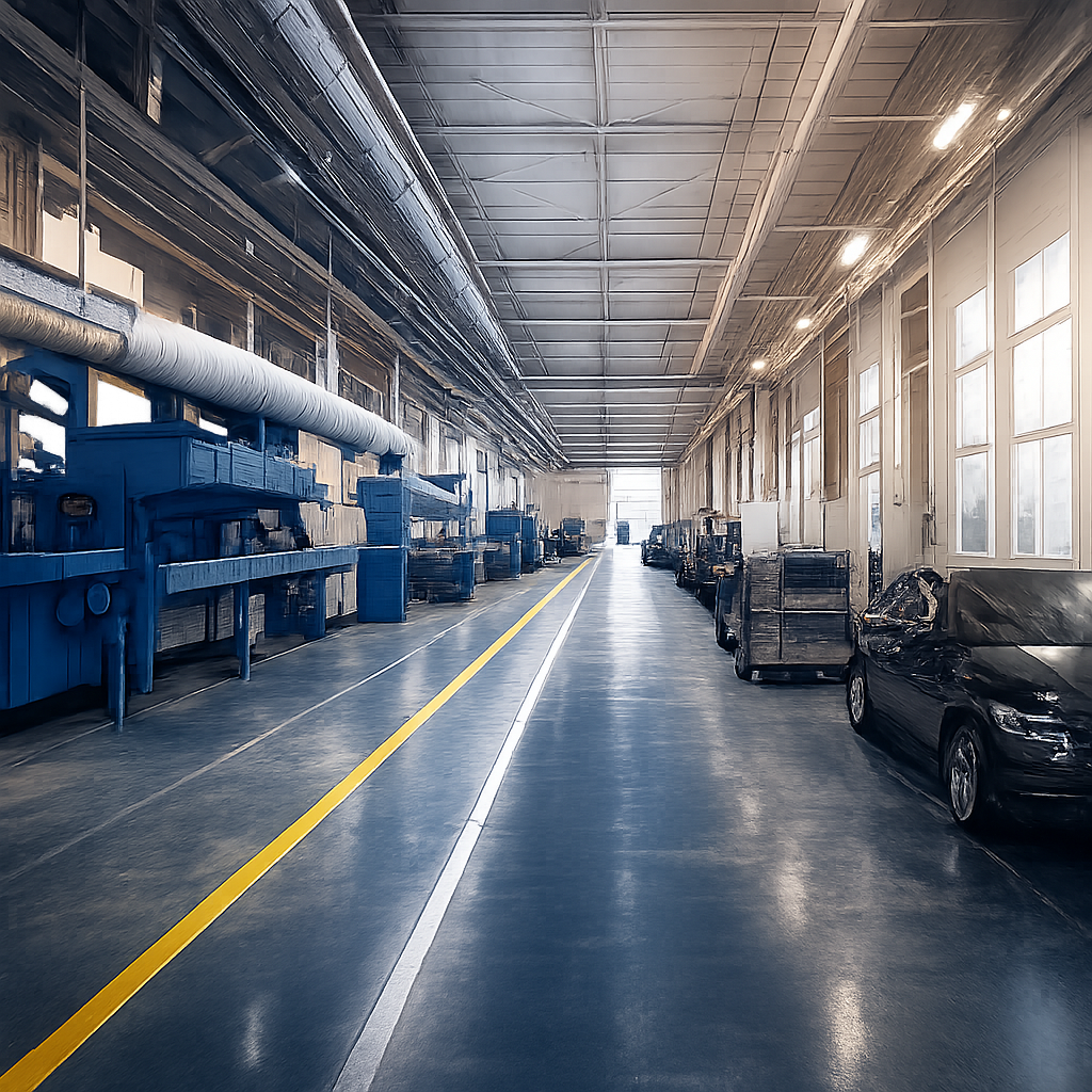 An empty industrial warehouse with blue machinery on one side, black cars parked along the other side, large windows letting in sunlight, and clear yellow and white lines on the polished floor for organization.