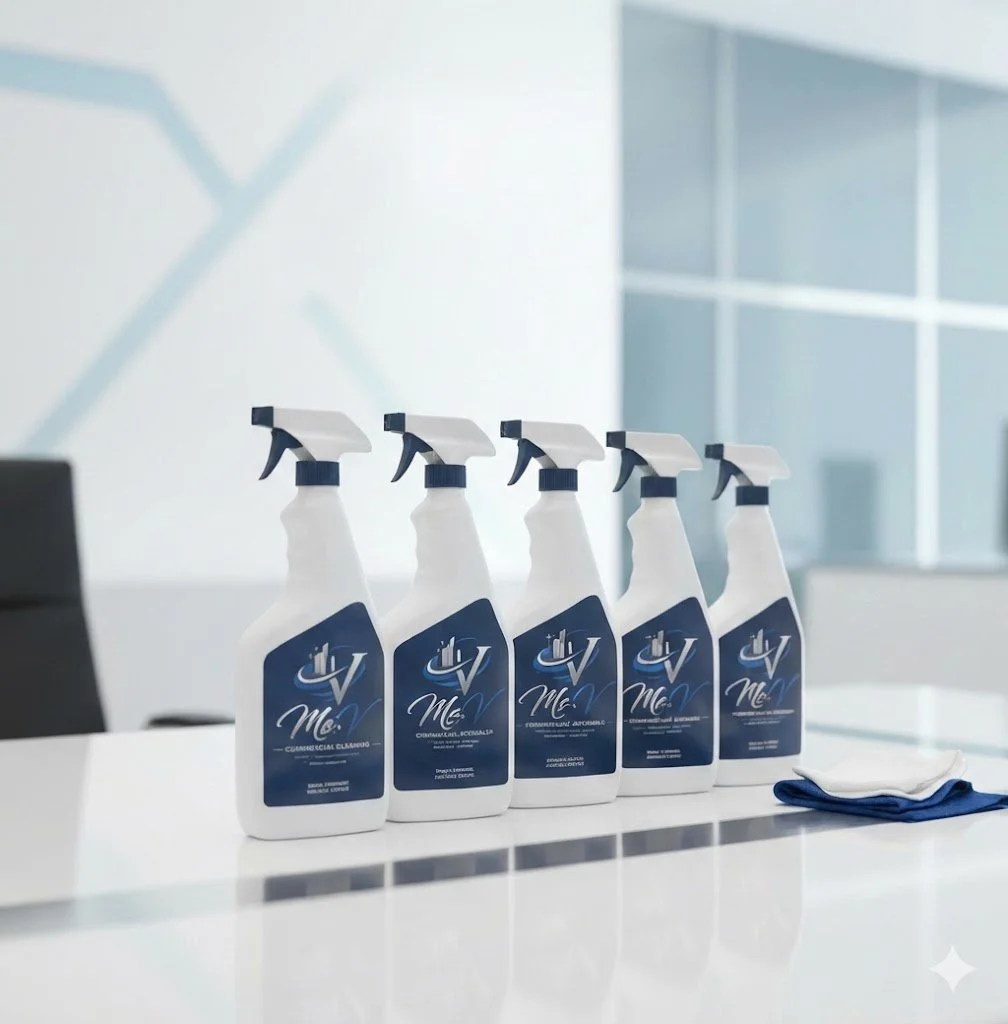 Five white spray bottles with blue labels and white cloths on a white countertop in a modern office setting.