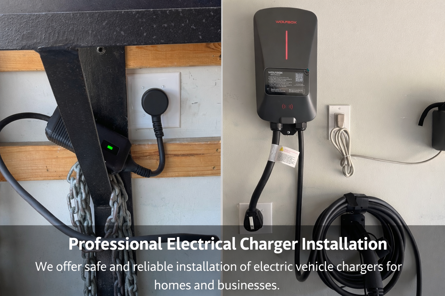 Side-by-side images of installed electric vehicle chargers on walls, with charging cables, power outlets, and cords nearby, showing professional electrical charger installation for homes and businesses.