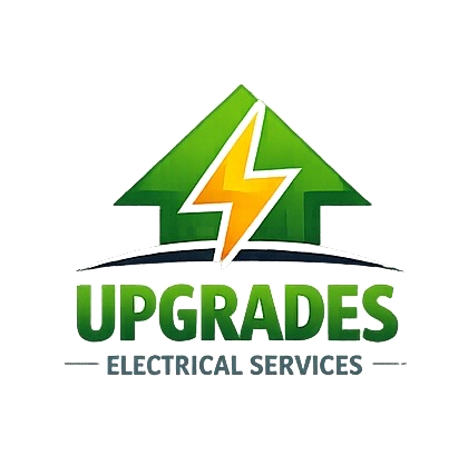 Logo for Upgrades Electrical Services with a green house and yellow lightning bolt.