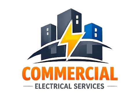Logo for a commercial electrical services company featuring city buildings, a lightning bolt, and the words 'Commercial Electrical Services'.