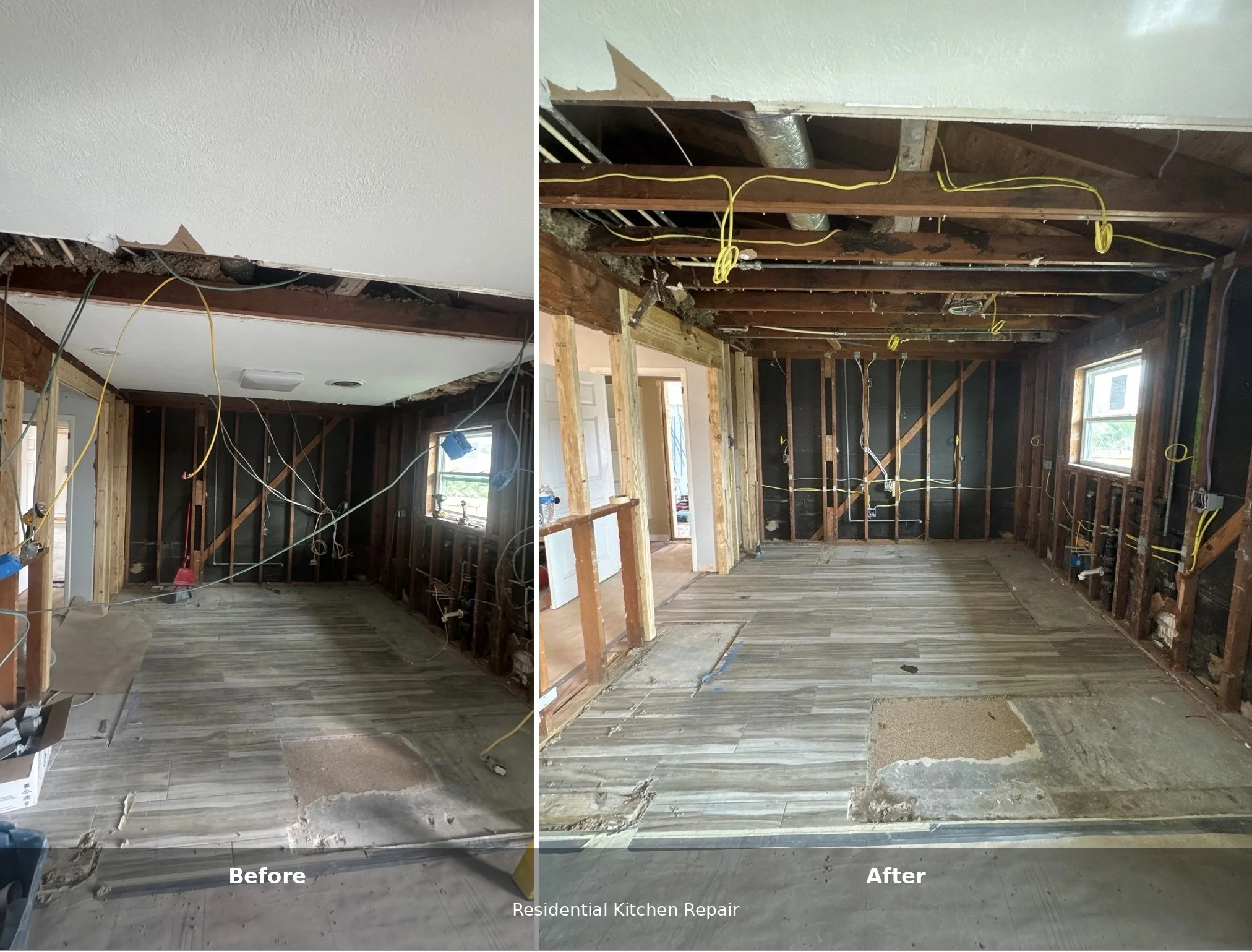 Side-by-side comparison of a kitchen undergoing renovation, showing before and after images. The 'before' image displays an unfinished room with exposed ceiling framing, hanging electrical wires, and a partially removed ceiling, while the 'after' image shows the same room with new flooring installed, the ceiling framing cleaned up, and more finished appearance.