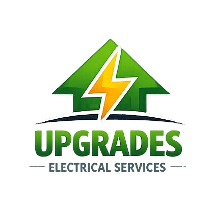 Logo of a green house with a lightning bolt, with the word 'UPGRADES' and 'ELECTRICAL SERVICES' below.