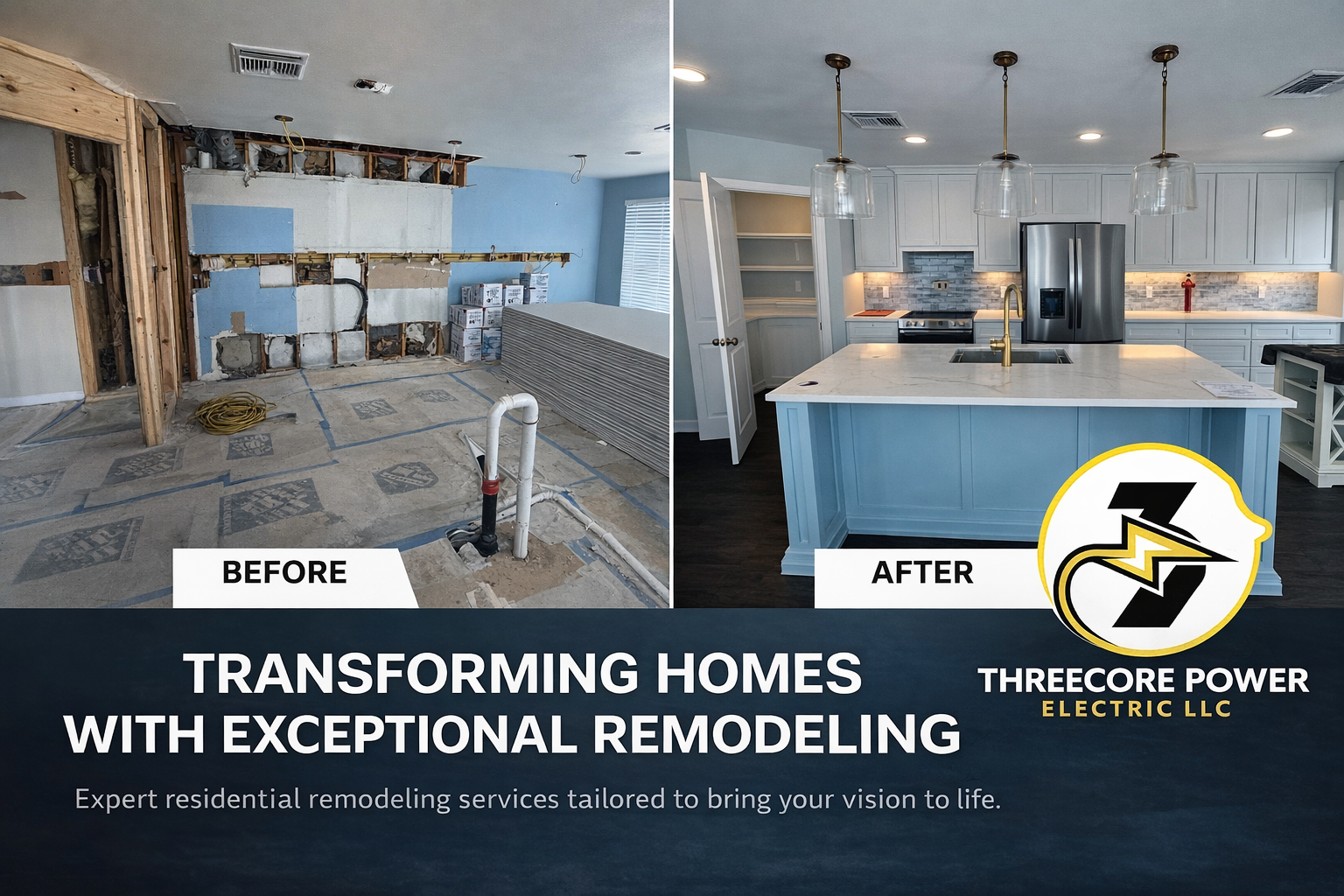 A side-by-side comparison of a kitchen before and after remodeling. The 'before' shows a room under construction with exposed drywall and plumbing. The 'after' depicts a finished kitchen with white cabinets, a marble countertop, a stainless steel refrigerator, and modern lighting fixtures.