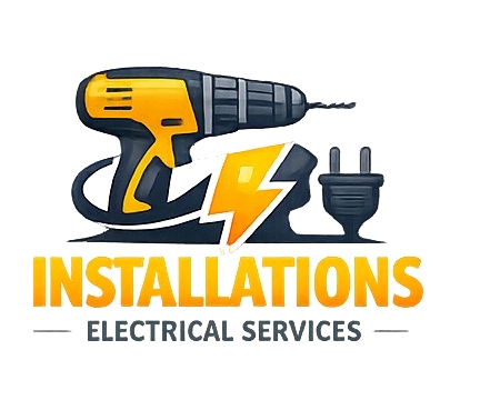 Logo for electrical services with a yellow and black drill, a lightning bolt, and the word 'Installations' in bold yellow letters.