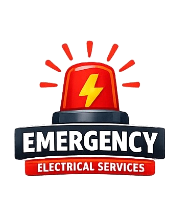 Emergency electrical services sign with a red warning light featuring a lightning bolt symbol, and text that reads 'EMERGENCY' and 'ELECTRICAL SERVICES'.
