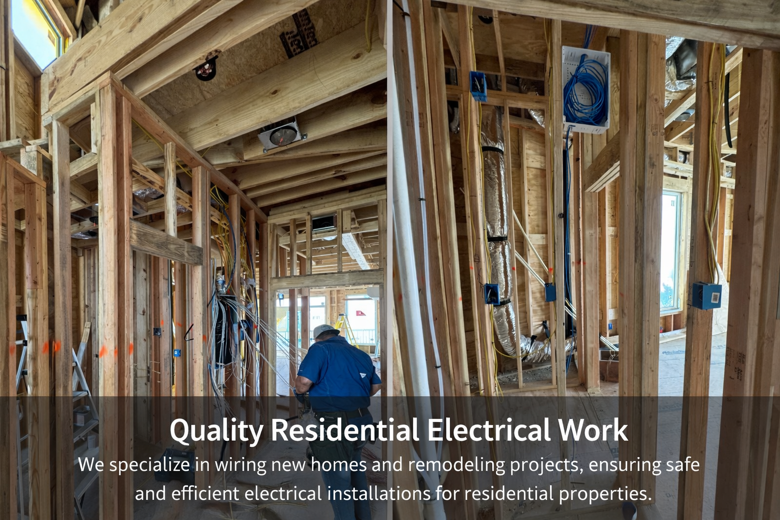 Interior view of a house under construction with electrical wiring being installed. A worker is seen working on the wiring among wooden framing.