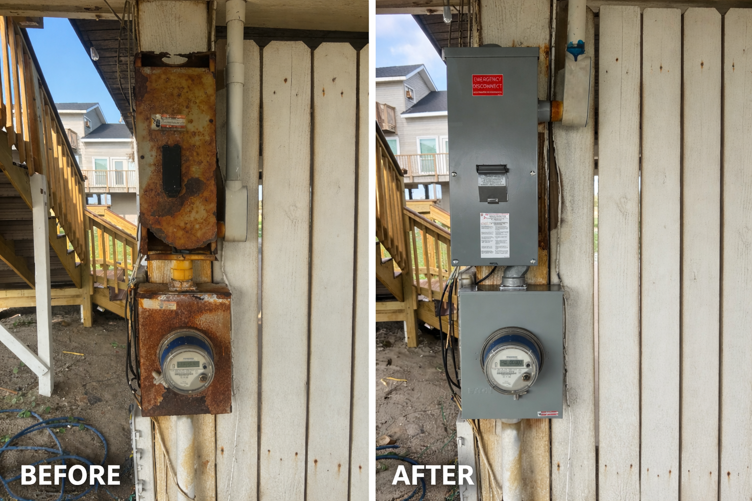 Side-by-side comparison of utility meter and electrical box installation, showing the old, rusted meter and electrical box on the left marked 'Before,' and a new, clean electrical system with a modern meter and box marked 'After.'