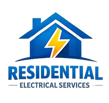 Logo of a residential electrical services company featuring a house with a lightning bolt, the word 'RESIDENTIAL' in blue, and 'ELECTRICAL SERVICES' below.