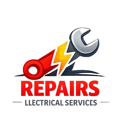 Logo for electrical repair services featuring a red screwdriver, yellow lightning bolt, and gray wrench with the text "REPAIRS ELECTRICAL SERVICES"