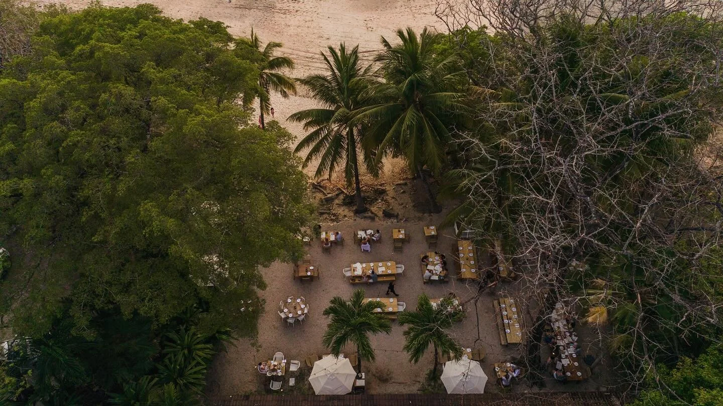 An aerial view of an outdoor dining area with tables, chairs, and umbrellas set among lush green trees on a sandy beach.
