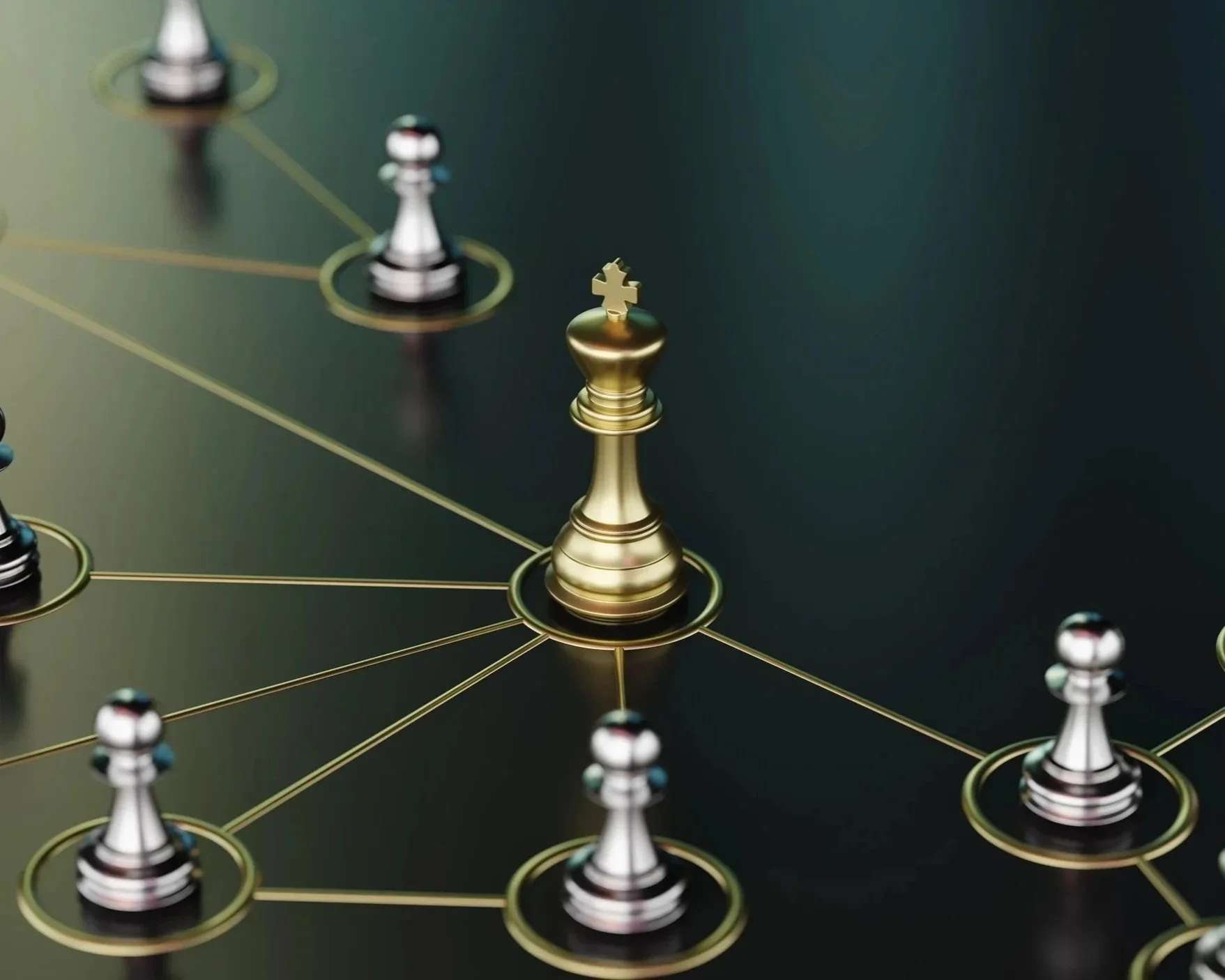 A digital chessboard with a gold king piece in the center surrounded by other silver and black chess pieces.